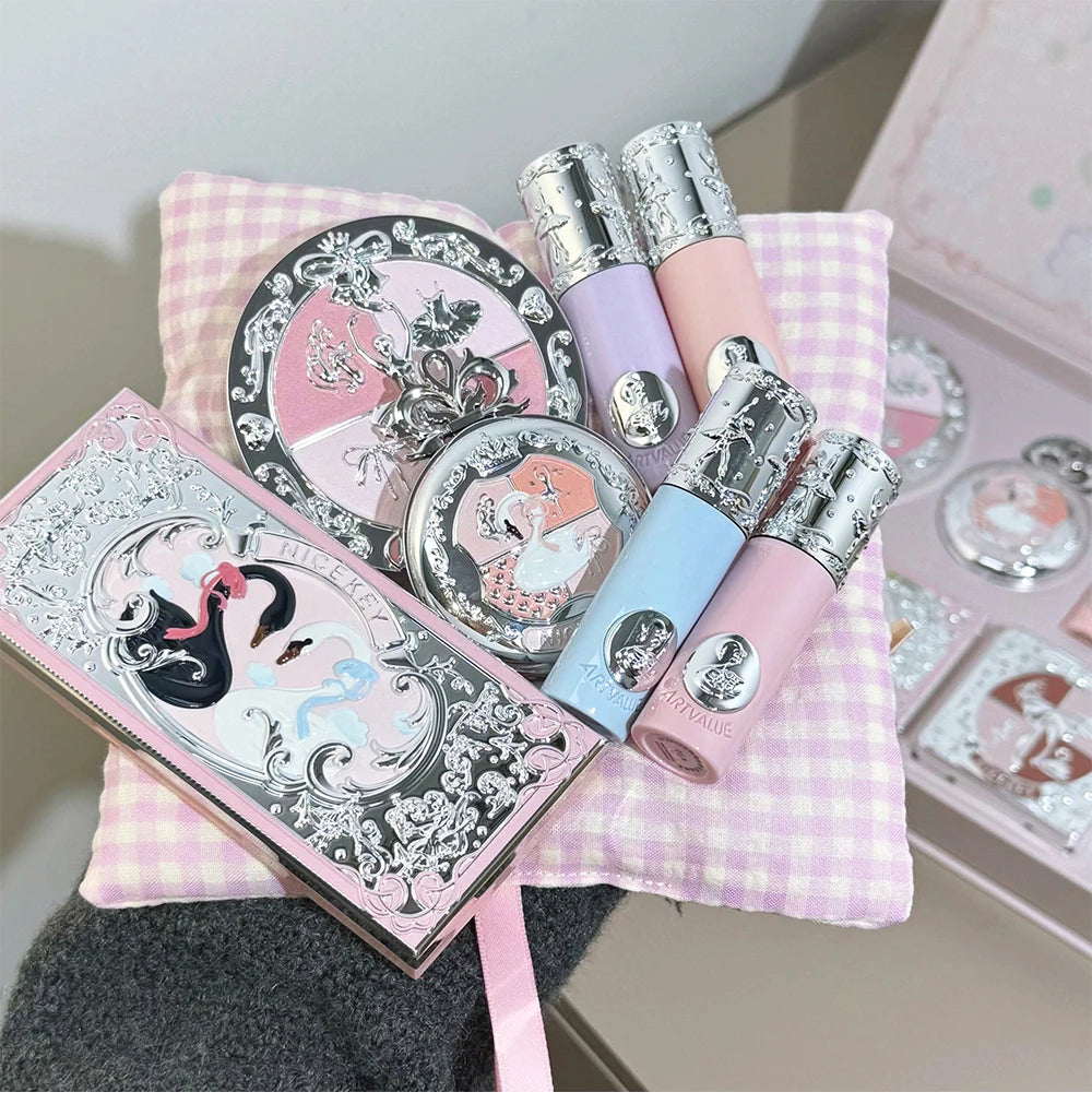 NICEKEY Pink Ballet Makeup Sets Include 4 Lip Mud,1 Blush,1 Pressed Powder,1 Eyes Palette,1 Contour Palette With Necklace Gift