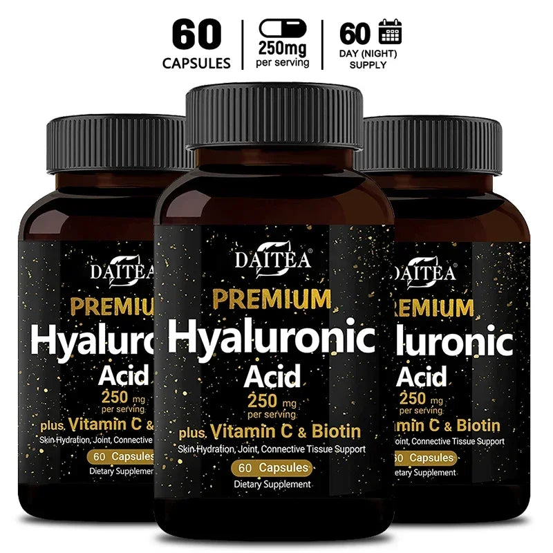 With Biotin & Vitamin C, Hyaluronic Acid 250 Mg, 3-in-1 - Skin Moisturization, Joint Comfort, Hair & Eye Health