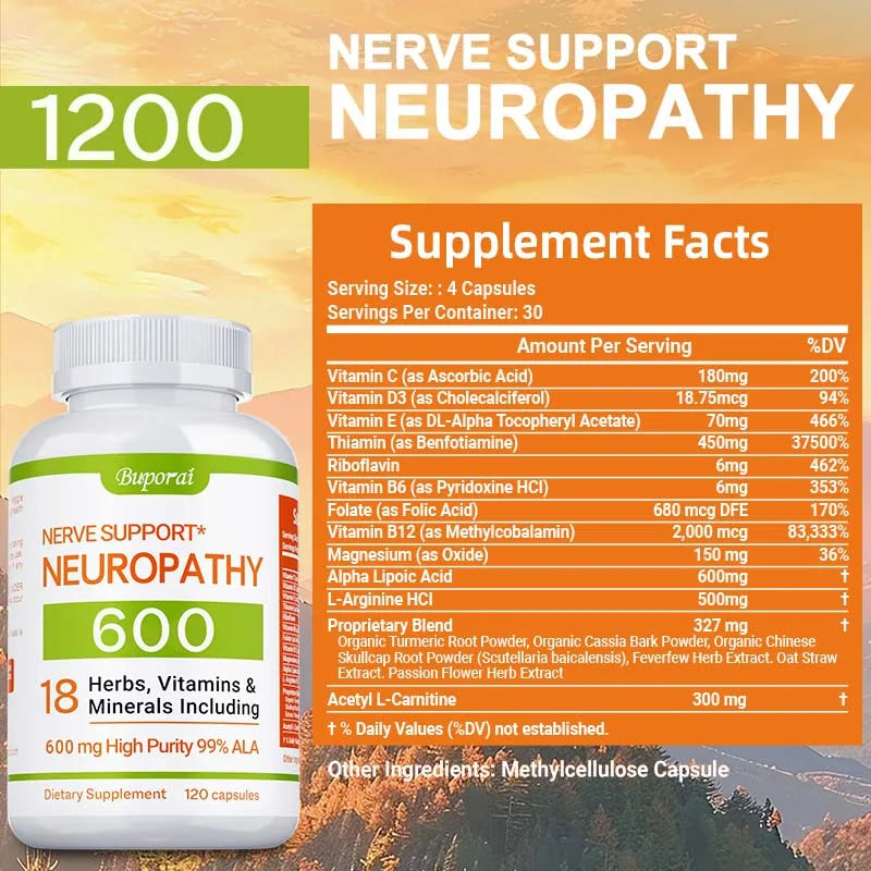 Neuropathy Support Supplement 600mg - Supports The Nervous System, Relieves Stress, Promotes Brain Function, and Boosts Energy