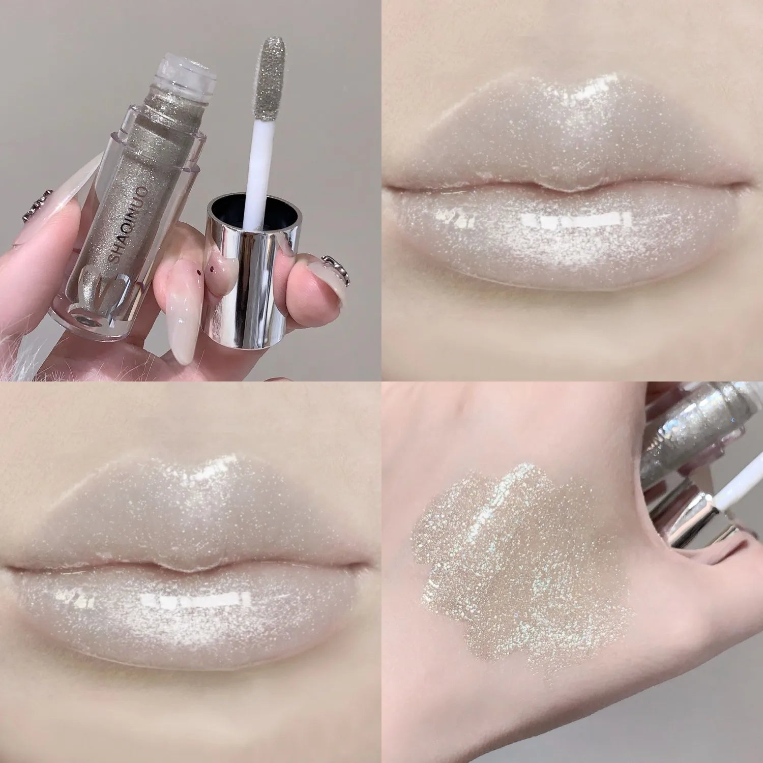 Water Light Mirror Lip Gloss Lasting Moisturizing Cool Black Silver Gray Pearlescent Fine Sparkling Lipstick Lip Oil