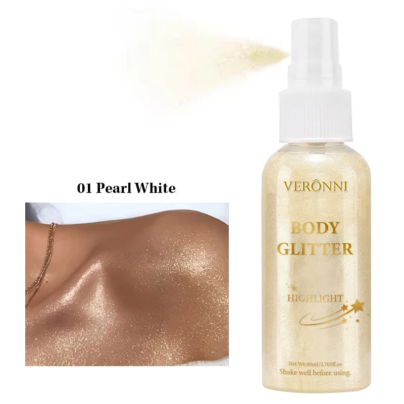 Body Highlighter Spray–Quick-Dry Non-Sticky Shimmer Mist, Fine Glitter for Hair & Skin,Water-Resistant Long-Lasting Summer Glow