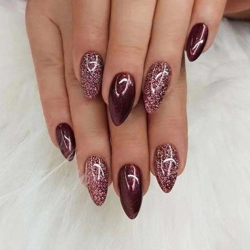 24Pcs Simple Wine Red Fake Nail with Mid-length Design Almond Press on False Nails Wearable Round Head Oval Full Cover Nail Tips