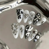 10pcs personalized black and white nail art, rabbit and bow decoration - Gothic minimalist style, suitable for daily wear