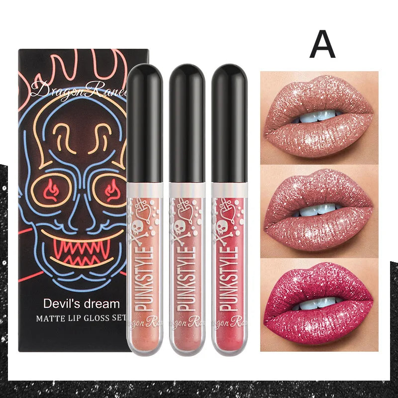 Halloween Lip Gloss Set Sparkling Purple Black Non Stick Lipstick Trio For Party Makeup Beauty Gift