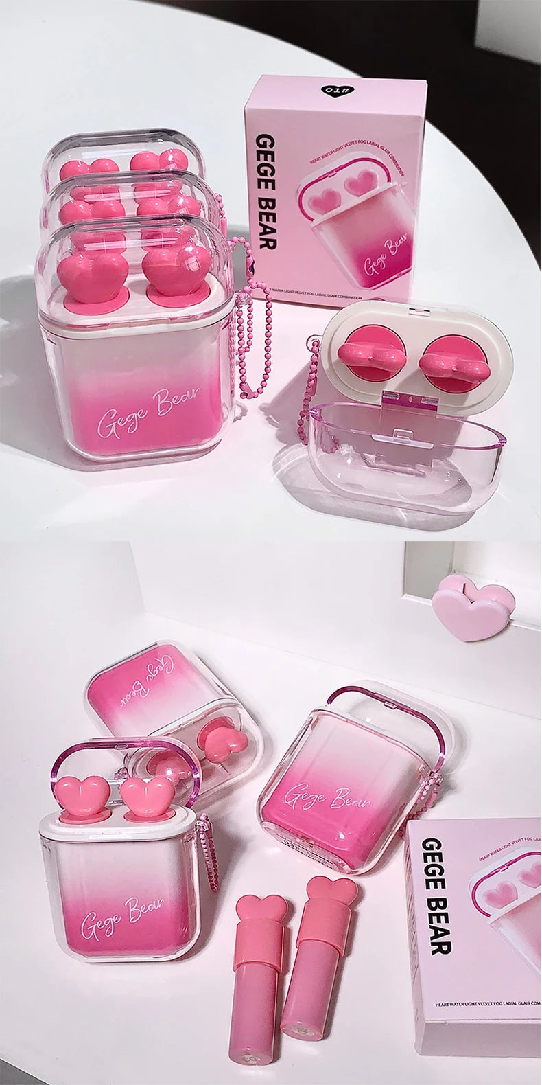 GEGE BEAR Heart-beating Water Gloss Velvet Matte Lip Glaze Combination Two-pack Mirror Matte Headphone Shaped Pendant Lip Glaze