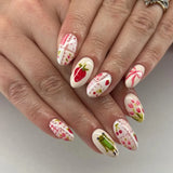 24Pcs Blue Almond Press on Nails with 3D Pearl Design Mid-length Oval False Nails Tips Bow Pattern Wearable Fake Nail for Women