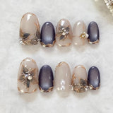 24Pcs Autumn Winter Matte Almond False Nails with Glue Rose Leaf Printing Nail Art Simple Full Cover Press on Acrylic Nails Tips