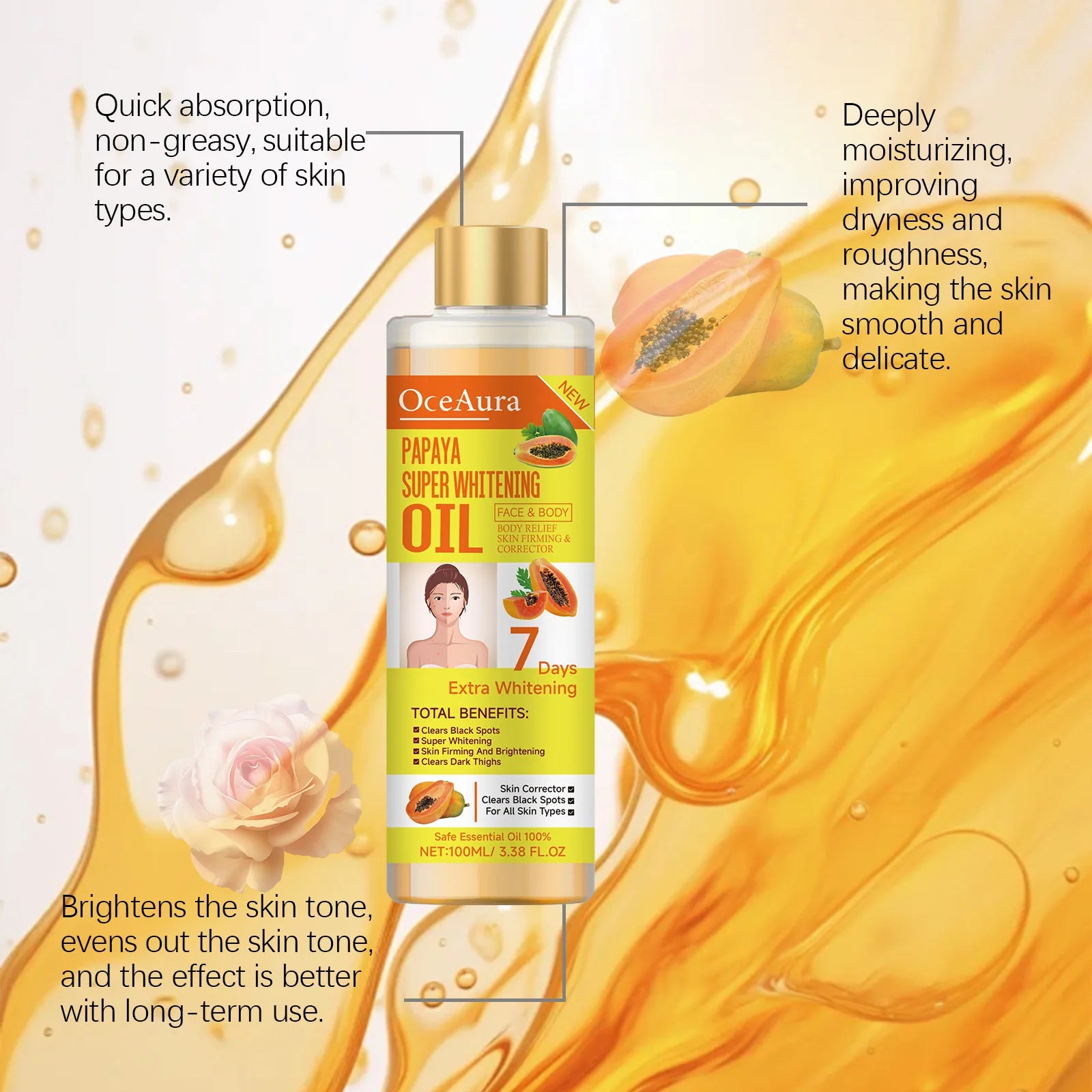 OceAura Papaya Oil for Skin Lightening 7 Days Whitening Body Firming Dark Skin Removal Oil for Muscle Relaxation Massage Thighs
