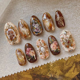 24Pcs Autumn Winter Matte Almond False Nails with Glue Rose Leaf Printing Nail Art Simple Full Cover Press on Acrylic Nails Tips
