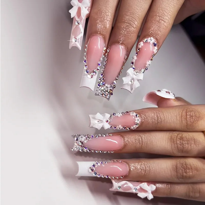 24Pcs Long Square Press on Nails Leopard Print French 3D Cherry Design False Nail Rhinestone Wearable Full Cover Fake Nails Tips