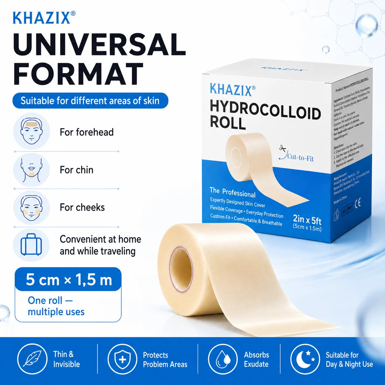 1roll Hydrocolloid Acne Patch Roll DIY Cut-to-Size Pimple Cover Sticker, Ultra Thin Waterproof Blemish Tape for Face