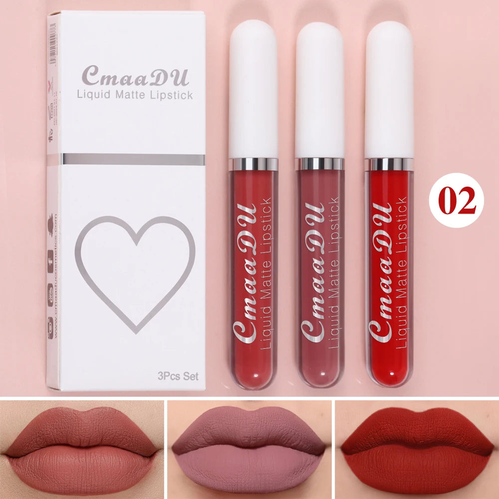 3 Pcs Matte Lipstick Lip Gloss Sets Long-Lasting Non-Fading Waterproof Non-stick Cup Exquisite Gift Everyday Holiday Universal