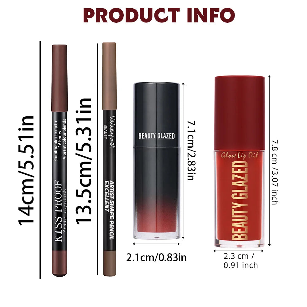 4Pcs/Set Velvet Lip Combo, Matte Lip Liner, Lip Oil Nude Gloss, Long-lasting Waterproof, Sophisticated Lip Look
