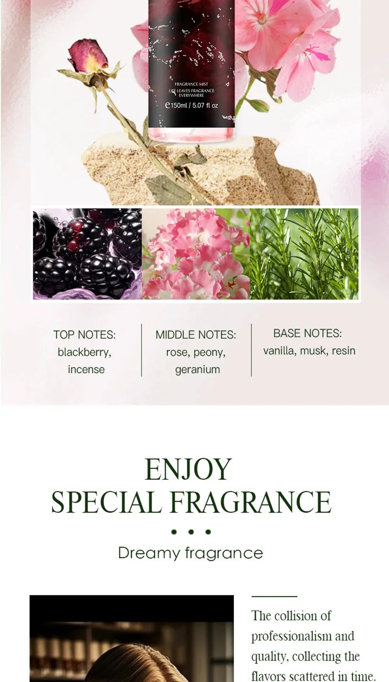 The fragrance spray has a long-lasting, faint floral scent with a fruity note. It is a fragrance body spray without alcohol.