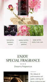 The fragrance spray has a long-lasting, faint floral scent with a fruity note. It is a fragrance body spray without alcohol.