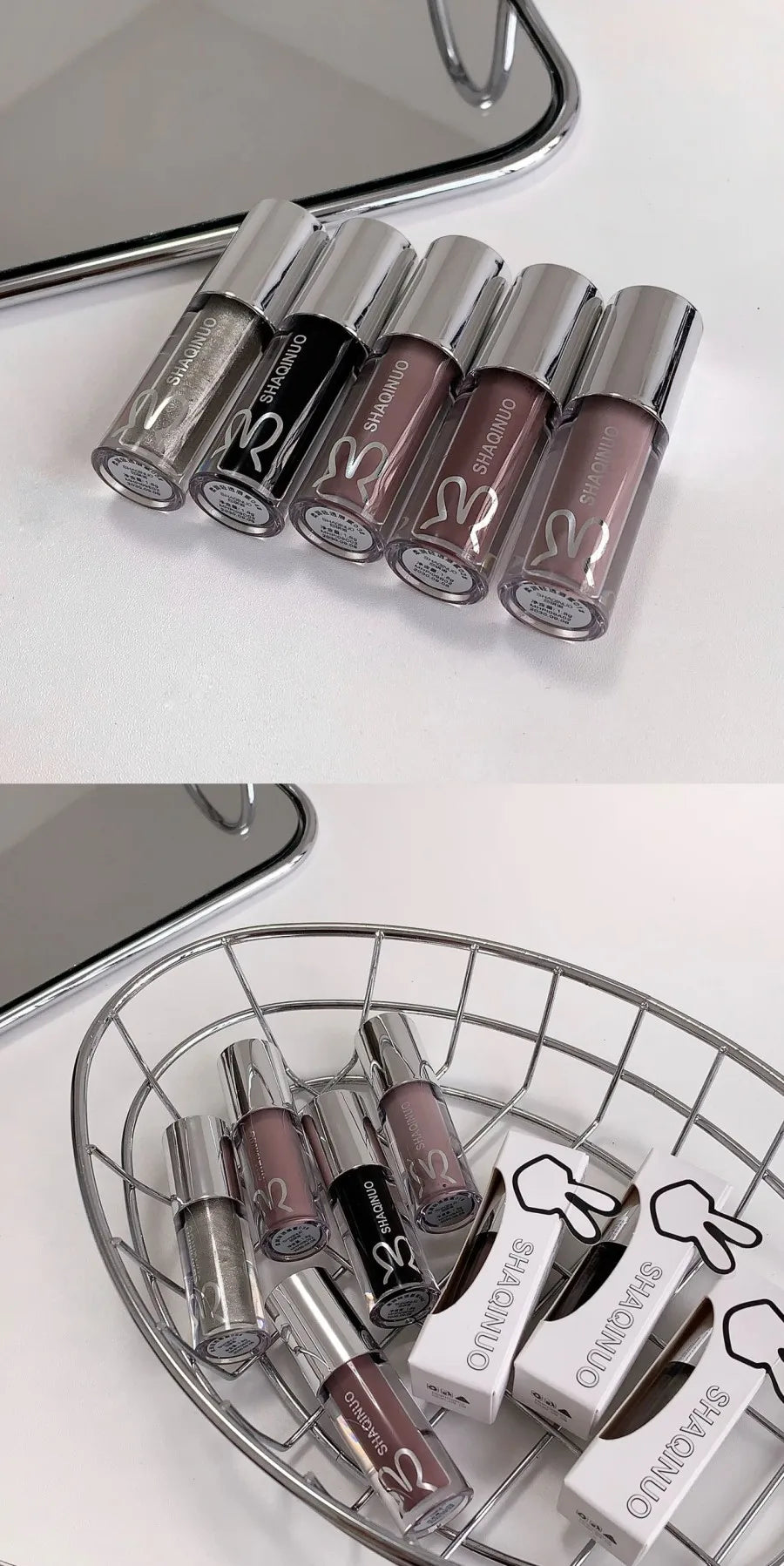 Water Light Mirror Lip Gloss Lasting Moisturizing Cool Black Silver Gray Pearlescent Fine Sparkling Lipstick Lip Oil