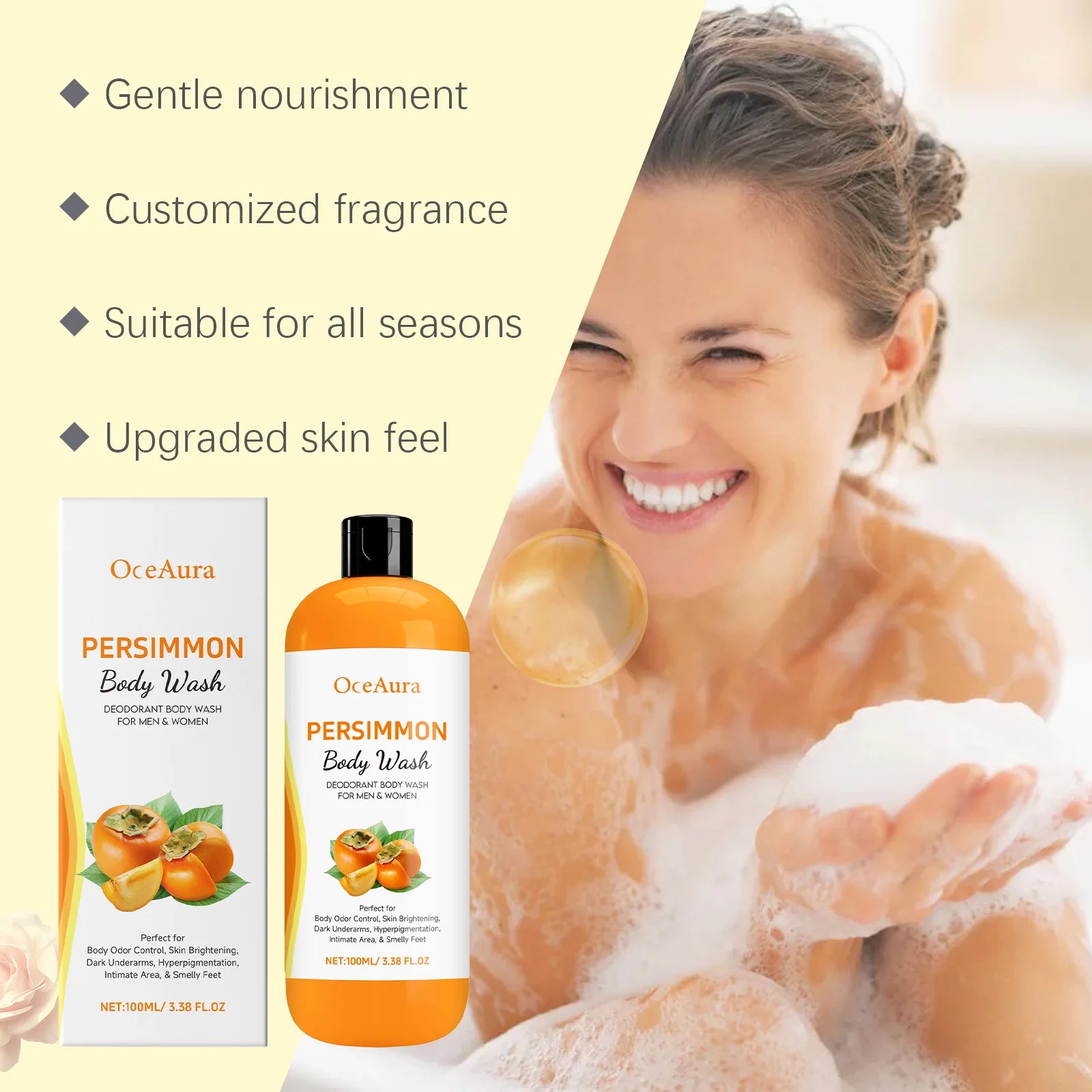 Persimmon Body Wash Gel Gentle Cleansing Moisturizing Skin Exfoliating Shower Gel Smooth Soft Body Odor Remover Bath Products