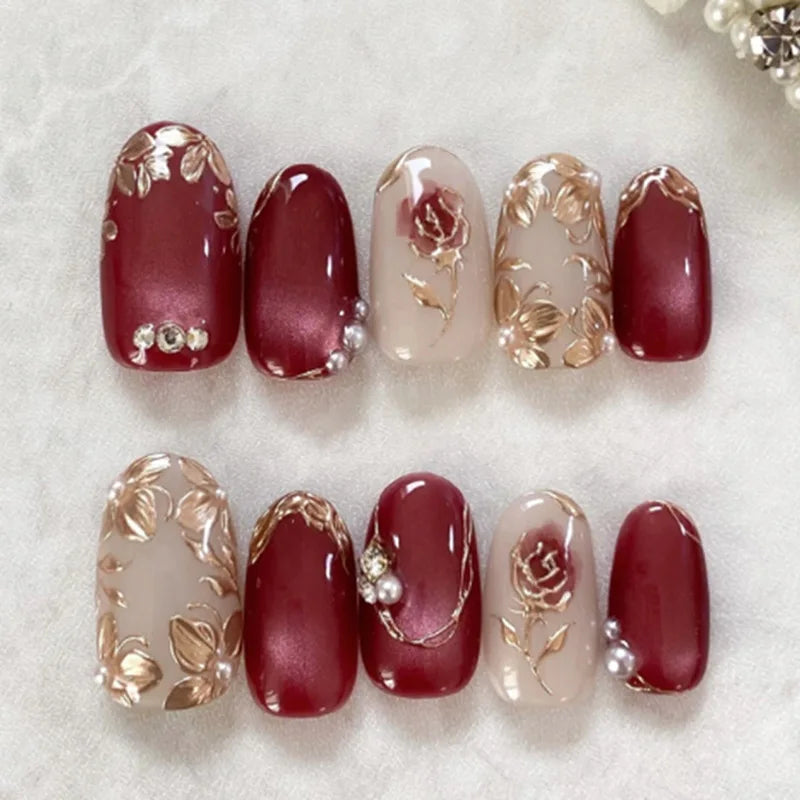 24Pcs Autumn Winter Matte Almond False Nails with Glue Rose Leaf Printing Nail Art Simple Full Cover Press on Acrylic Nails Tips