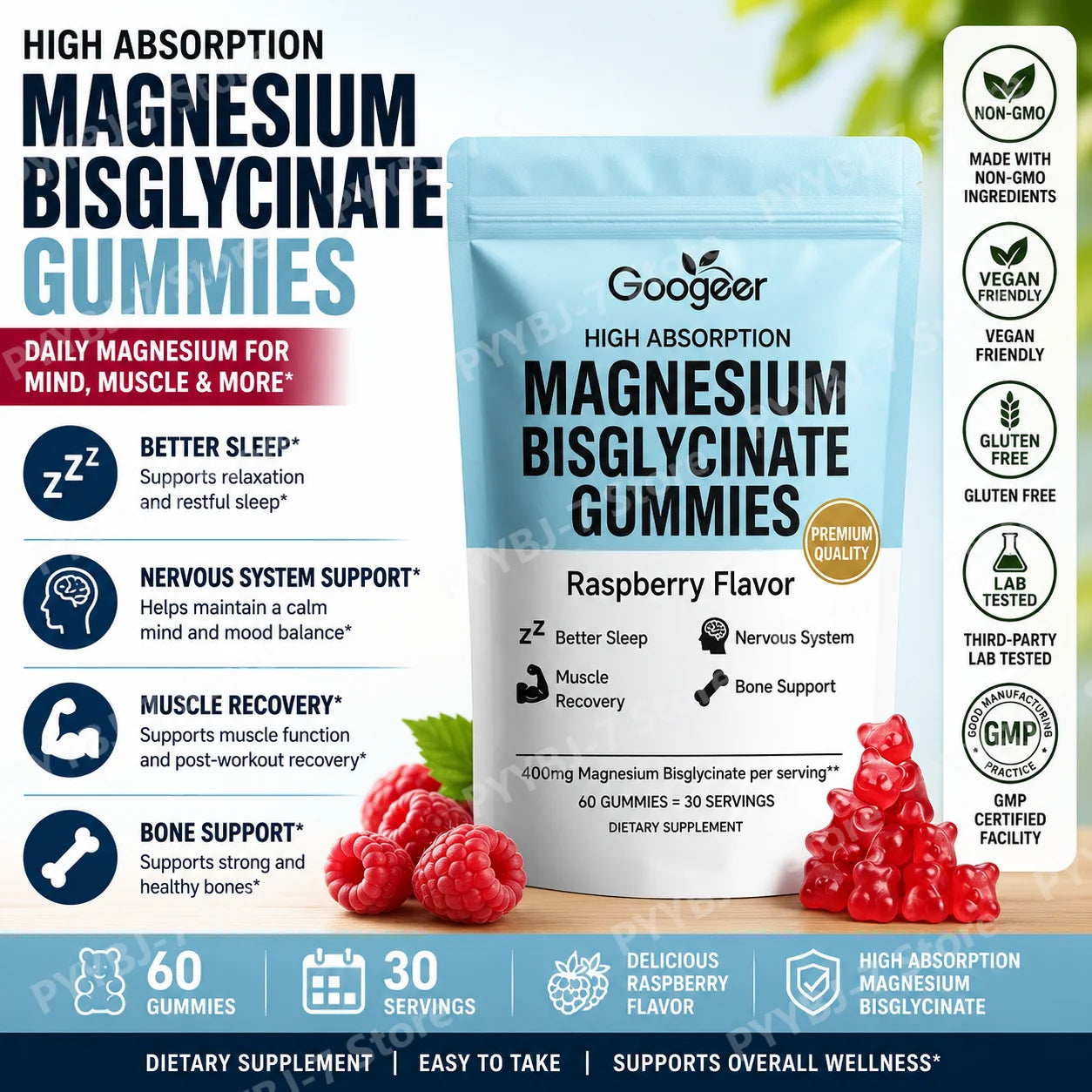 Magnesium Bisglycinate Gummies 400mg, 60 Count, Adult Daily Wellness Supplement for Bone Muscle Sleep Support