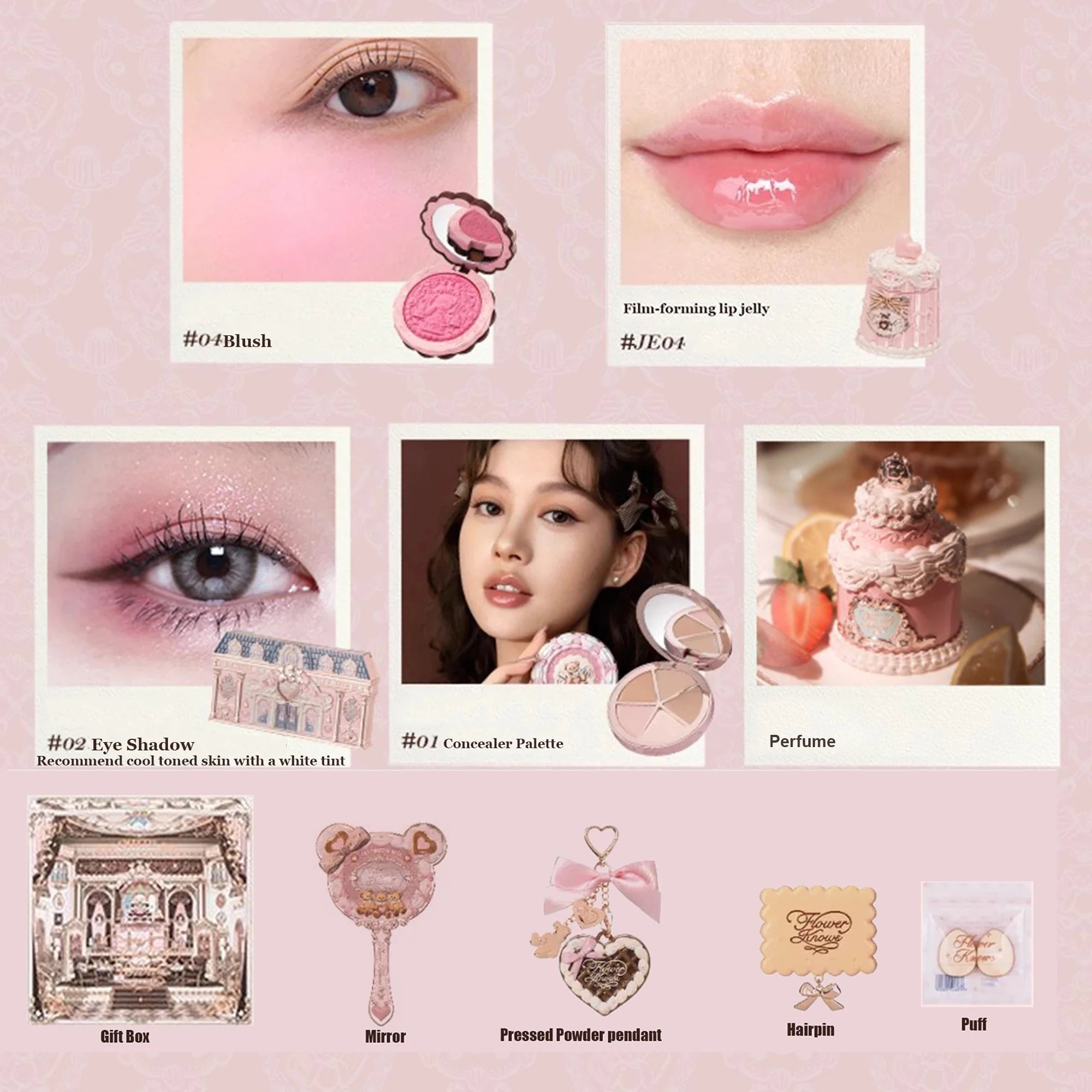 Flower Knows SWEETIE BEAR Makeup Box Gift Set All In One Perfume Shimmer Eye Shadow Palette Blush Lip Jelly Box 10 PCS
