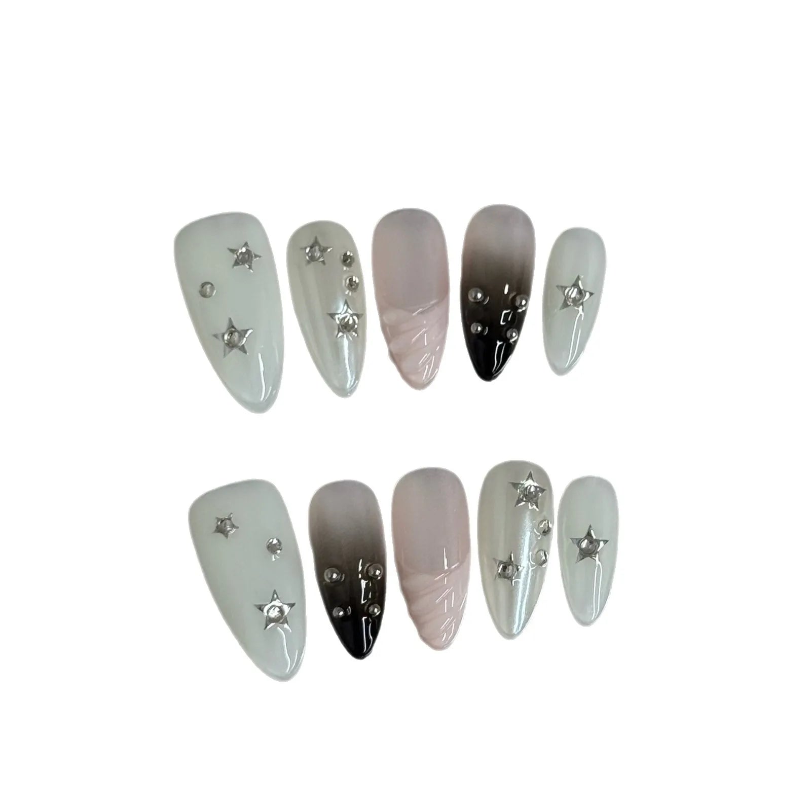 10pcs Handmade Korean Press on Nails Sweet Cool Star Pink White Fake Nail Tips Wearable Summer Night Sky Almond False Nails