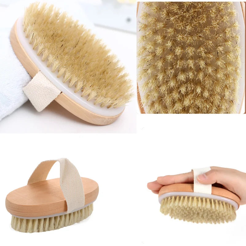Skin Body Brush Natural Pig Bristles Dry Skin Exfoliating Body Massage Cleaning SPA Tool For Cellulite Lymphatic Drainag
