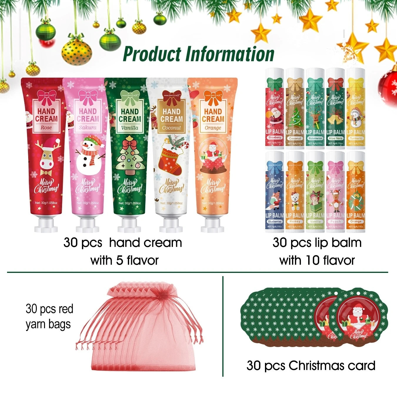 Christmas Gift Set Distribution 120PCS/Box in Bulk, Lip Balm in Bulk, Hand Cream in Bulk, Christmas Cards, Gift Gauze Bags