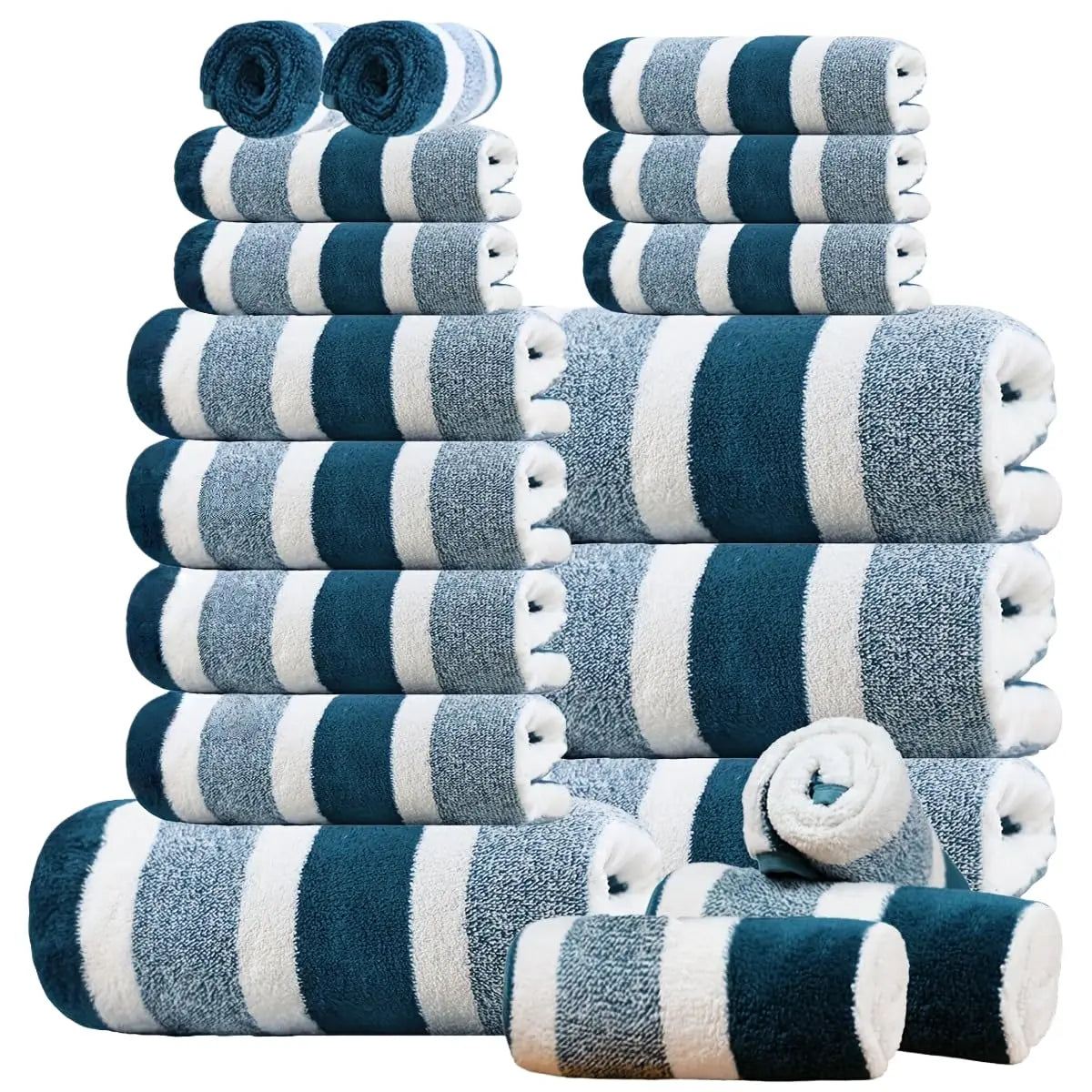 18pcs Luxury Bath Towels Set - Quick-Dry Highly Absorbent Plush Soft Coral Fleece-like Texture, Multi-Size Family Bathroom Towels with Hanging Loops (30x30cm, 70x140cm) for Home, Hotel & Spa - Navy & Striped Design, Durable &