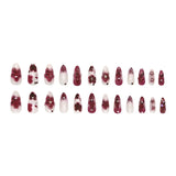 24pcs Flower Print Press on Nails Wine Red Blush Almond False Nail Tips Wearable Reusable Summer Spicy Girl Fake Nails