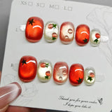 10pcs Festive Red Oval Short Press-On Nails with Cute Tomato Design Glossy Finish Holiday Nail Art Set for Women and Girls Wear