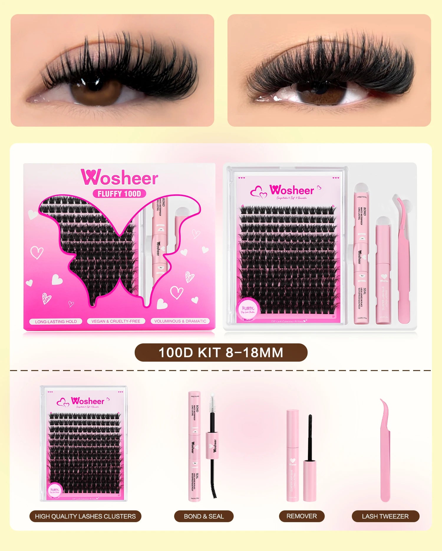 WOSHEER Eyelash Clusters Kit Thick Individual Lashes Lash Bond And Seal And Remover Faux Mink Lashes Eyelash Extension DIY