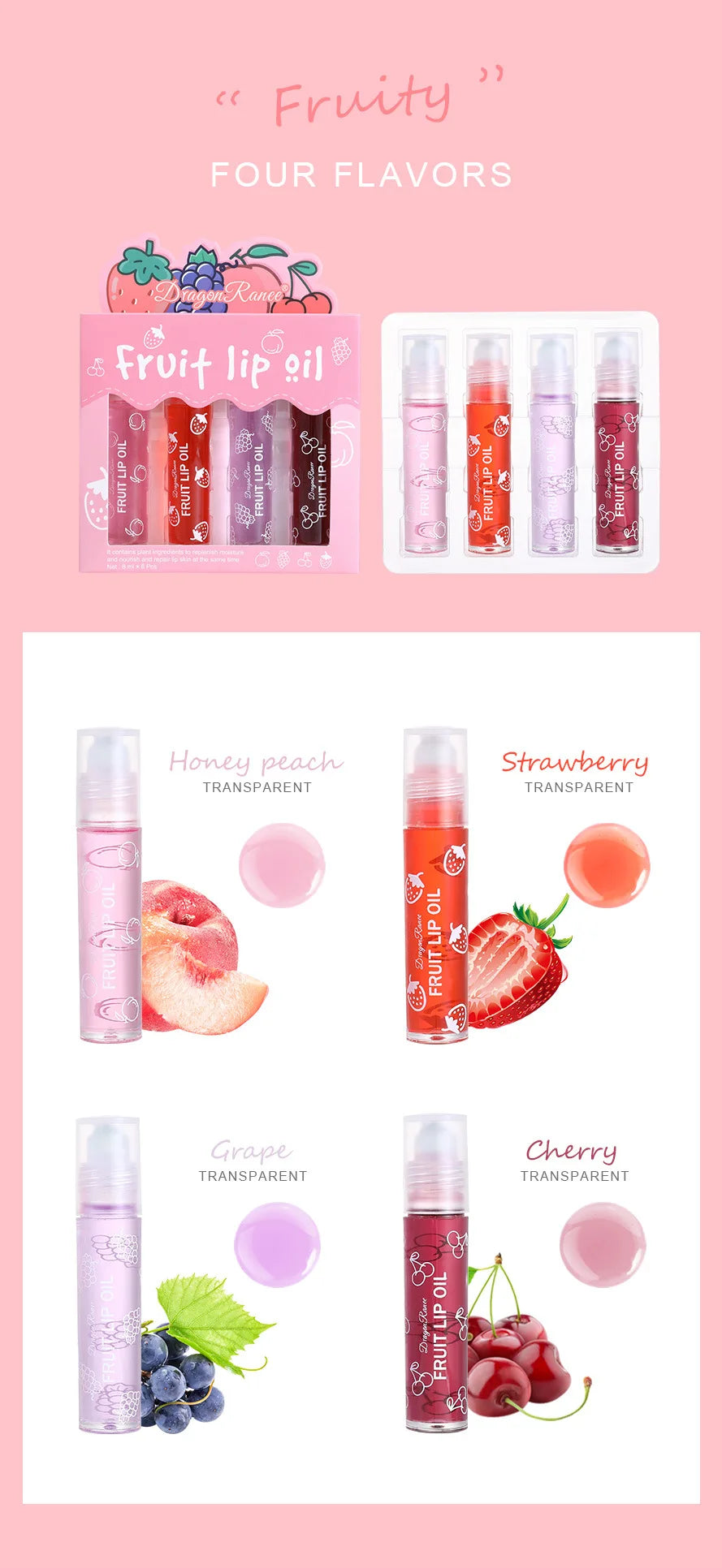 Rolling Bead Lip Oil Set of Four Moisturizing Lotion, Hydrating Roller Ball Mouth Oil, Anti-Drying, Colorless and Transparent