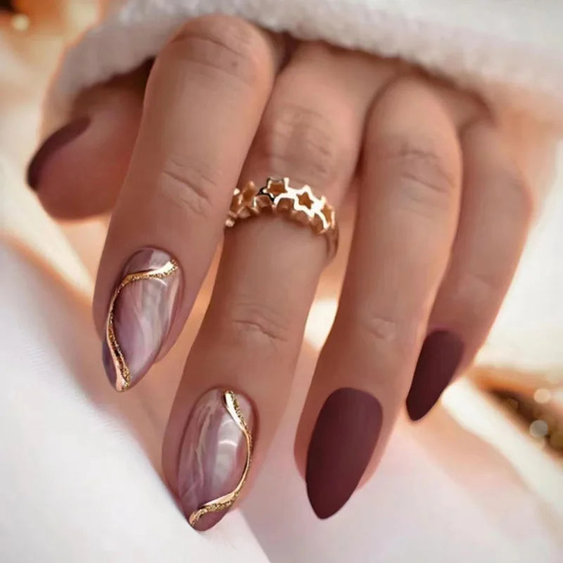 24Pcs Autumn Winter Matte Almond False Nails with Glue Rose Leaf Printing Nail Art Simple Full Cover Press on Acrylic Nails Tips