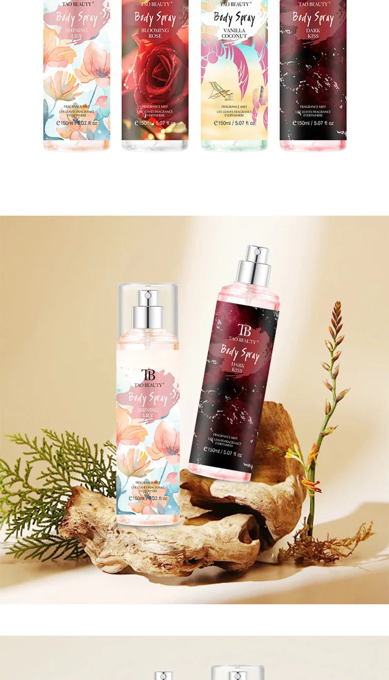 The fragrance spray has a long-lasting, faint floral scent with a fruity note. It is a fragrance body spray without alcohol.