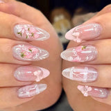 24pcs Wearable Press on Nails Strawberry Bow Design Nails Tips Red Short Almond Pearl Starlight Fake Nail Art Flower False Nails