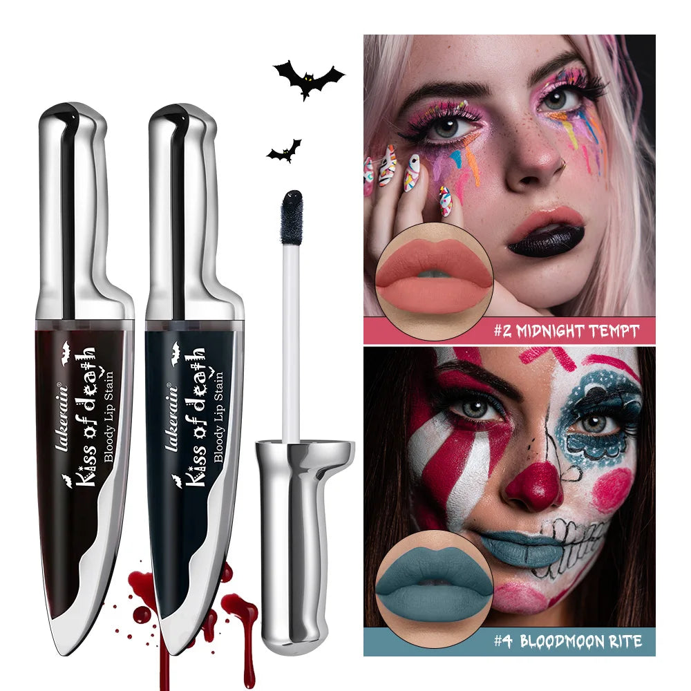 Gothic Bloody Lip Stain Matte Dark Red Green Halloween Lip Glaze Tint Knife Shaped Bottle Vampire Lipstick Makeup Waterproof