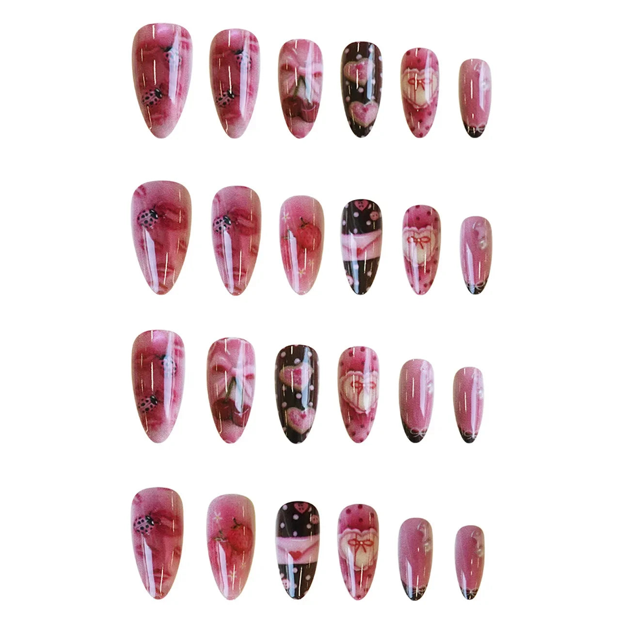 24Pcs Blue Almond Press on Nails with 3D Pearl Design Mid-length Oval False Nails Tips Bow Pattern Wearable Fake Nail for Women