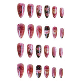 24Pcs Blue Almond Press on Nails with 3D Pearl Design Mid-length Oval False Nails Tips Bow Pattern Wearable Fake Nail for Women