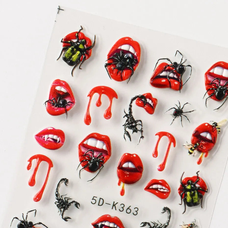 1/2pcs Charming Embossed Lips & Spider Nail Decals 5D Sexy Red Lip Nail Art Sticker Halloween Punk Style Manicure Accessories