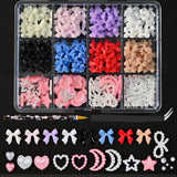 12Grid/Box Mixed Resin Bowknot Nail Charms 3D Colorful Bow Kawaii Rhinestone Nail Art Decorations DIY Manicure Parts Pen Tweezer
