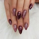24Pcs Simple Wine Red Fake Nail with Mid-length Design Almond Press on False Nails Wearable Round Head Oval Full Cover Nail Tips