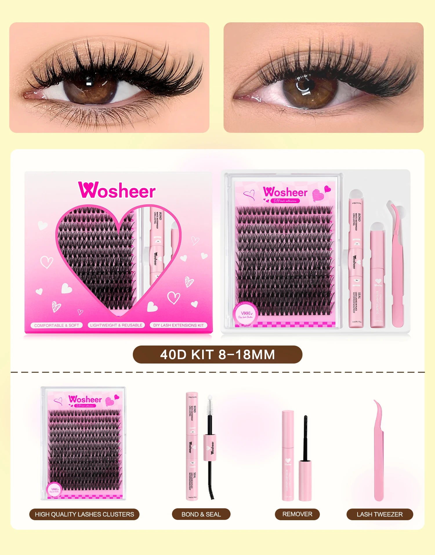 WOSHEER Eyelash Clusters Kit Thick Individual Lashes Lash Bond And Seal And Remover Faux Mink Lashes Eyelash Extension DIY
