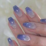 24pcs Romantic Y2k Star Press On Nails Gradient Blue French Style Gold Moon Designs Fake Nail Sweet Almond False Nails For Women