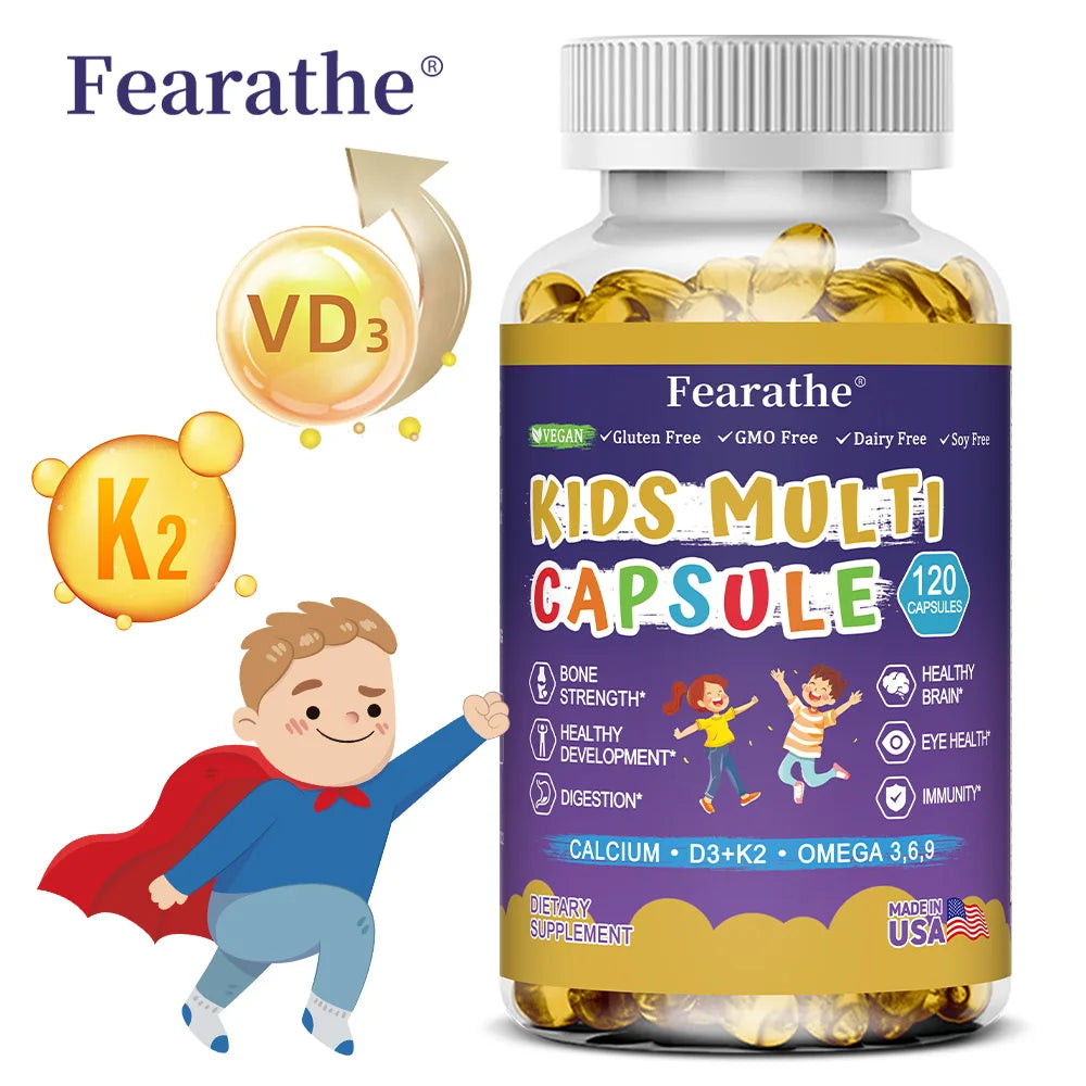 Kids Multivitamins Capsules - with D3+K2,Calcium - Promote Brain Development, Enhance Immunity,Support Digestion Healthy