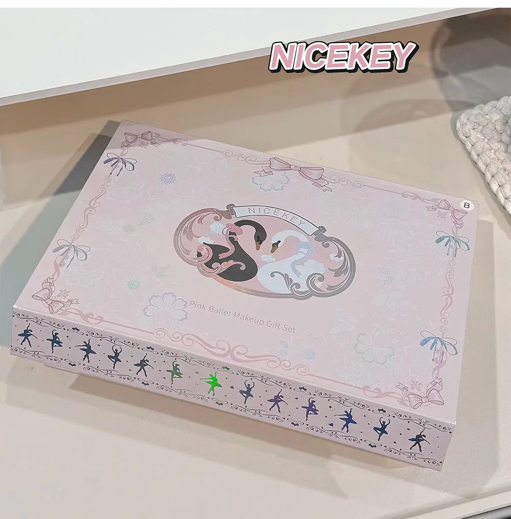 NICEKEY Pink Ballet Makeup Sets Include 4 Lip Mud,1 Blush,1 Pressed Powder,1 Eyes Palette,1 Contour Palette With Necklace Gift
