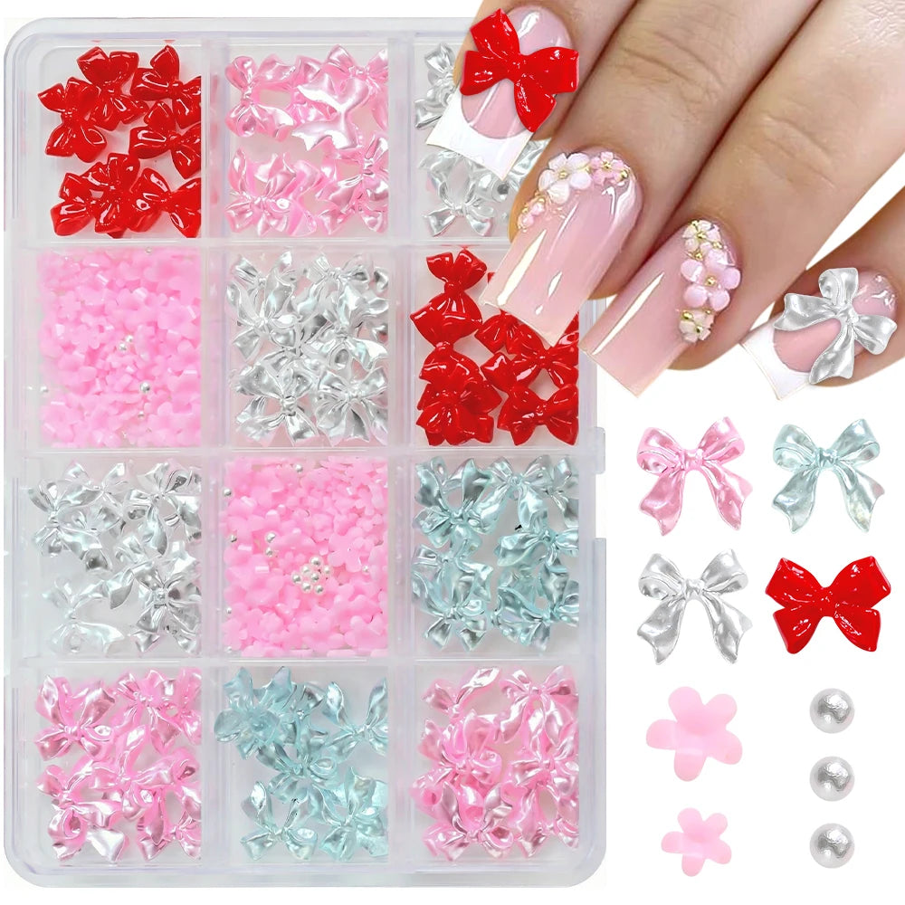 12Grid/Box Mixed Resin Bowknot Nail Charms 3D Colorful Bow Kawaii Rhinestone Nail Art Decorations DIY Manicure Parts Pen Tweezer