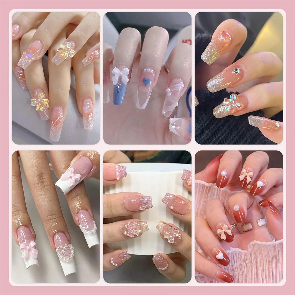 12Grid/Box Mixed Resin Bowknot Nail Charms 3D Colorful Bow Kawaii Rhinestone Nail Art Decorations DIY Manicure Parts Pen Tweezer