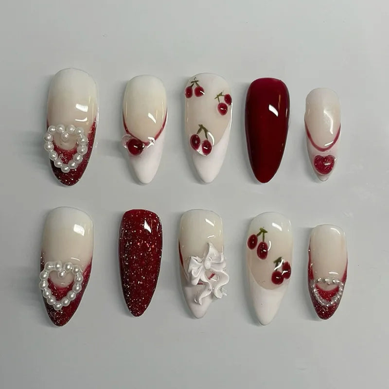 24pcs Wearable Press on Nails Strawberry Bow Design Nails Tips Red Short Almond Pearl Starlight Fake Nail Art Flower False Nails