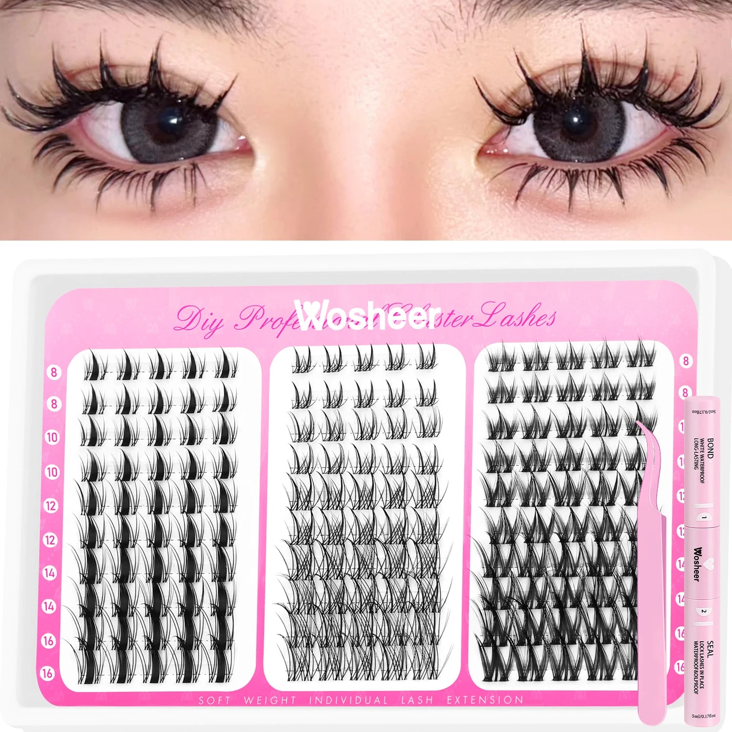 WOSHEER Manga Lash Clusters Kit Cat Lashes with Lash Bond & Seal Cluster Eyelash Extensions Mixed Tray Eyelash Clusters Kit