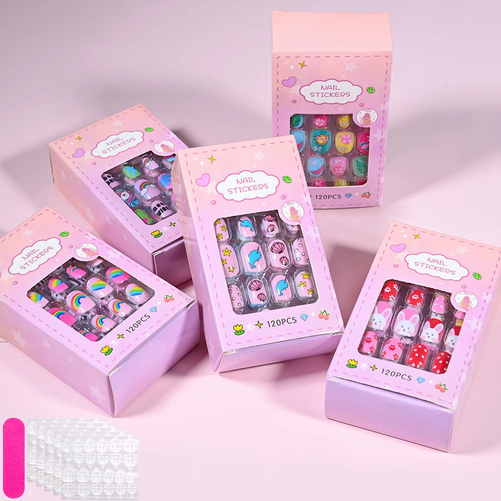 120Pcs Children's Press on Nails Kids Cartoon Acrylic Fake Nails Tips Kawaii Girl Full Cover Short False Nails With Jelly Glue#@